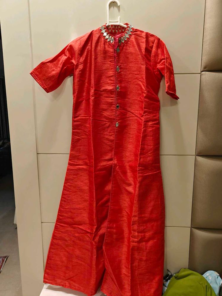 orange Ethnic Kurta with Embellished Neckline