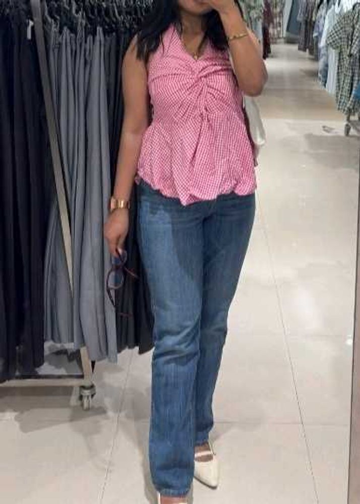 Chic Pink Gingham Twist Front Top