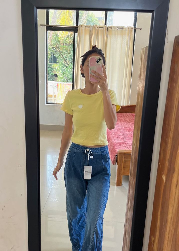 Cute Yellow Ribbed T-Shirt with Heart Applique