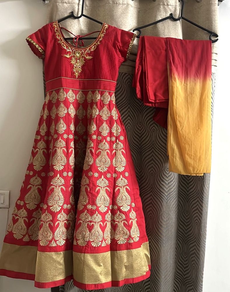Red &amp; Gold Embroidered anarkali suit set