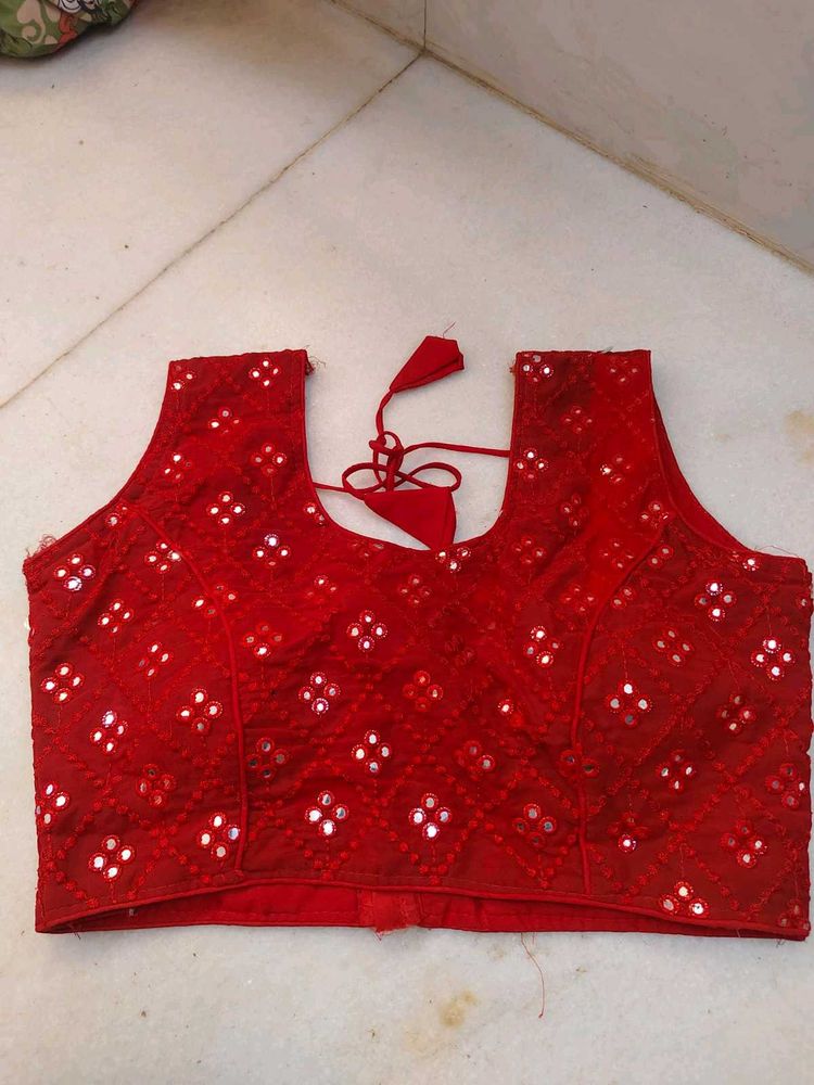 Red Embroidered Blouse with Mirror Work