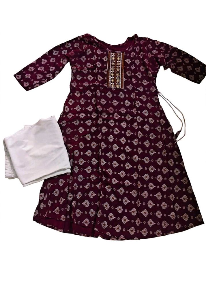 purple Printed Kurta Set with White Pants