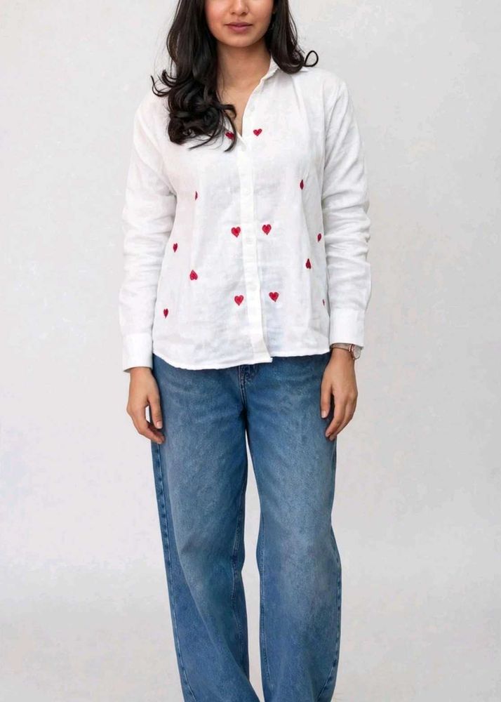 White Shirt with Red Heart Embroidery