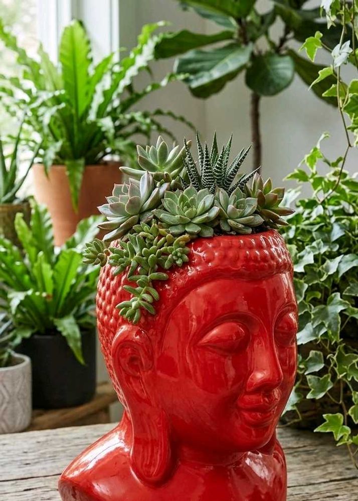15" large Red Buddha Head Planter | Zen Home Decor