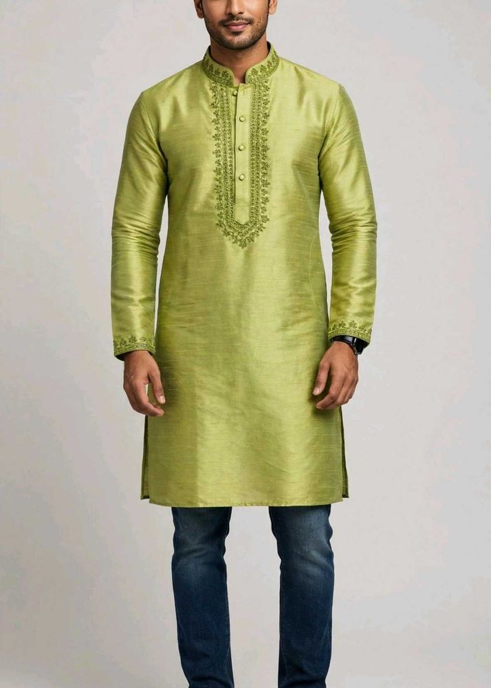 Men's Lime Green Embroidered Kurta