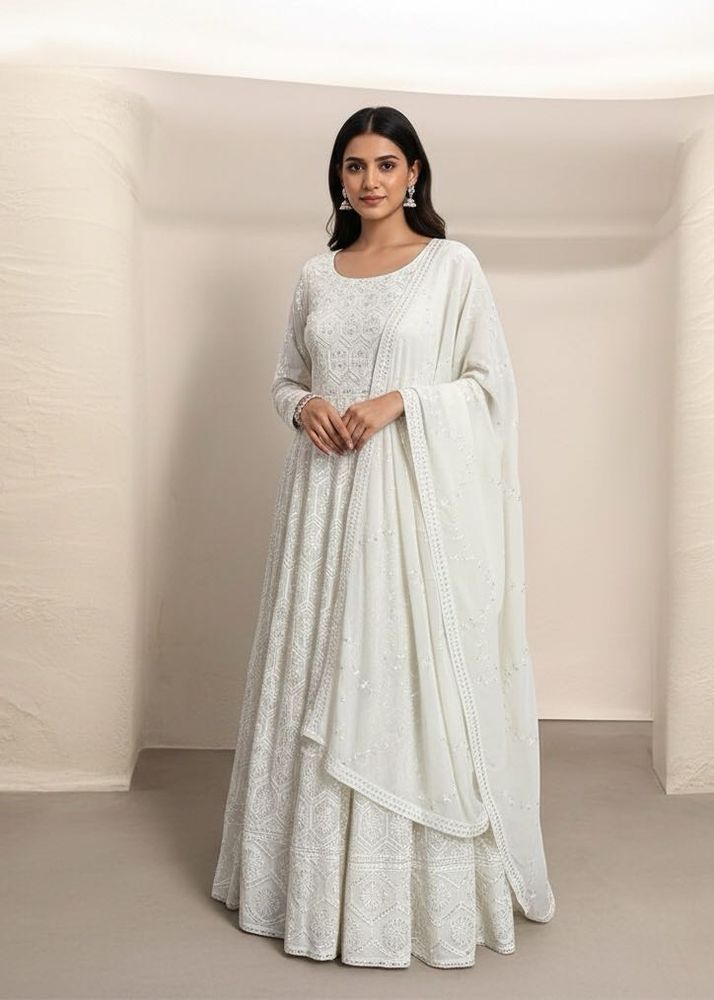White Party Wear Anarkali Gown &amp; Dupatta