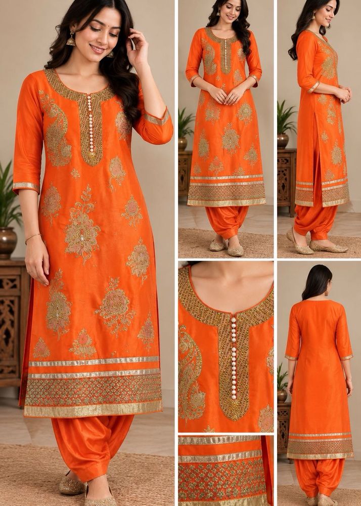 Bright Orange cord set with Gold Embroidery