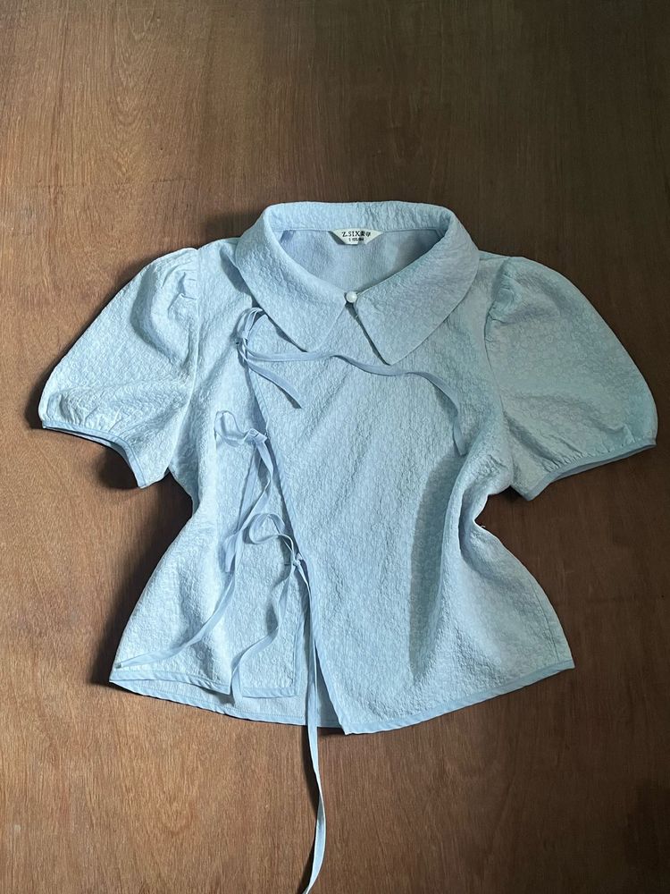 Light Blue Textured Puff Sleeve Top
