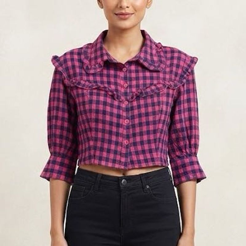 Pink &amp; Navy Gingham Ruffle Top