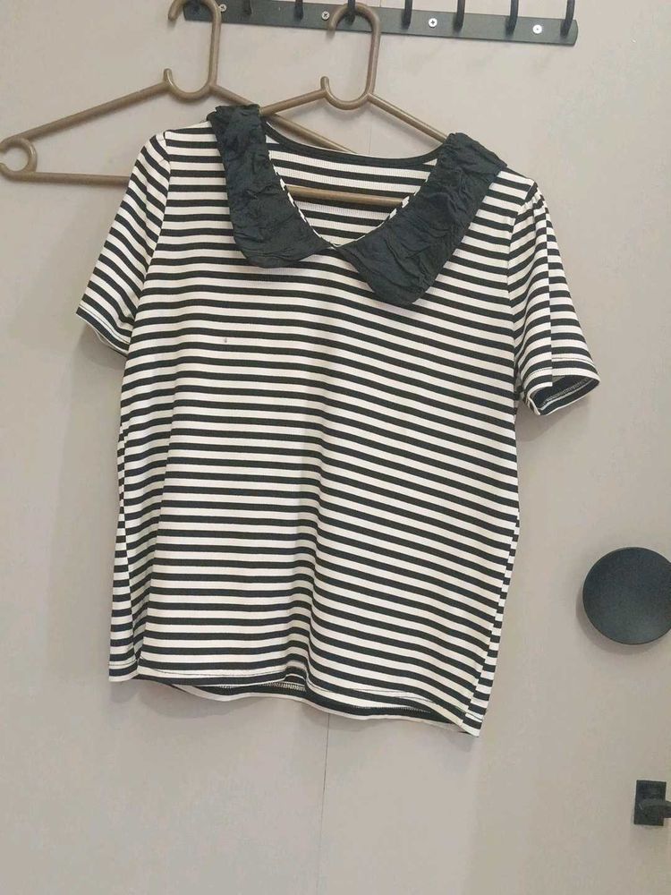 Chic Striped Top with Black Ruffl...