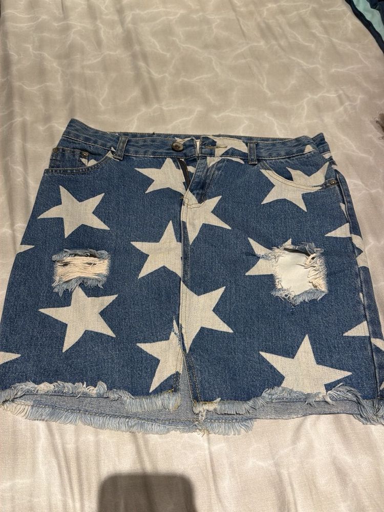 Y2K Star Print Denim Skirt in Blue