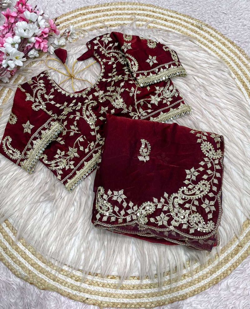 Elegant Maroon Embroidered Saree