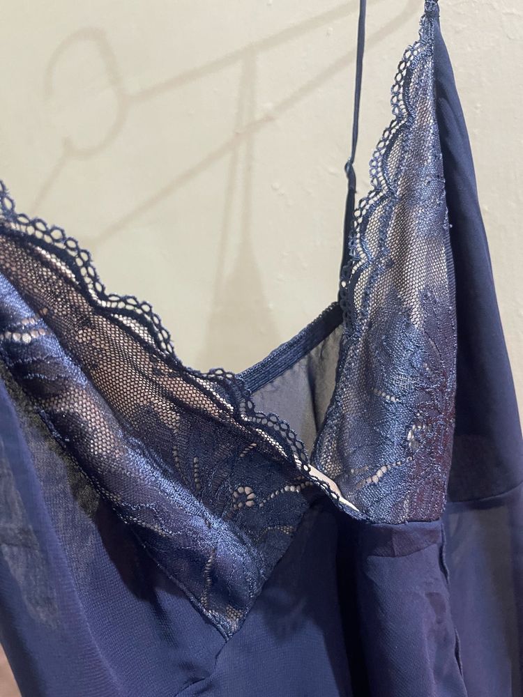 Lace Trimmed Navy Blue Nightgown