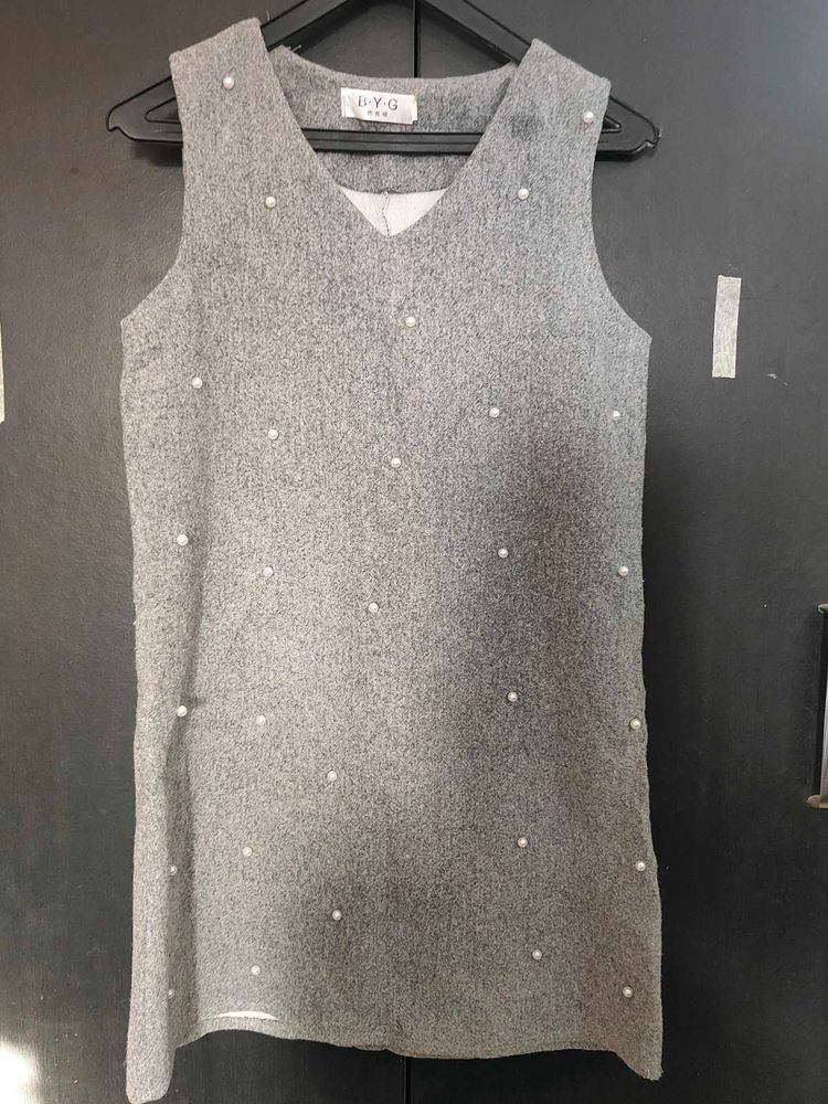 Korean Gray Sleeveless Pearl Embellished Dress