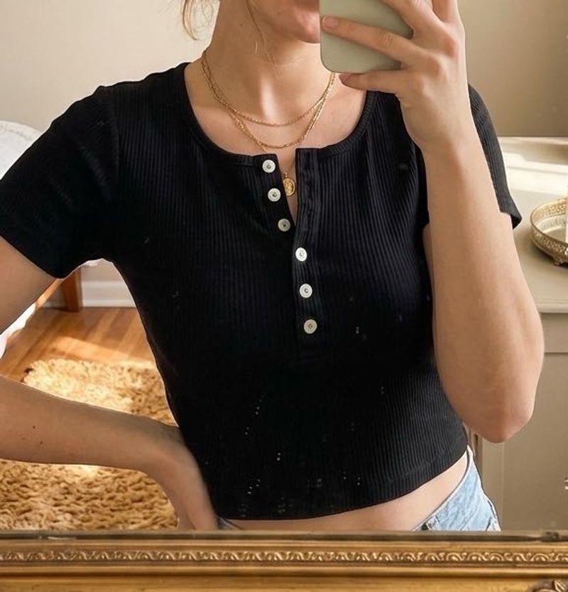 Ribbed Black Henley Crop Top