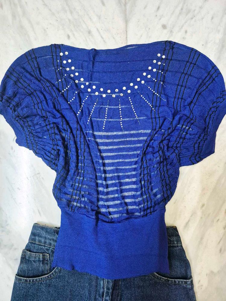 Blue Embellished Sheer Top