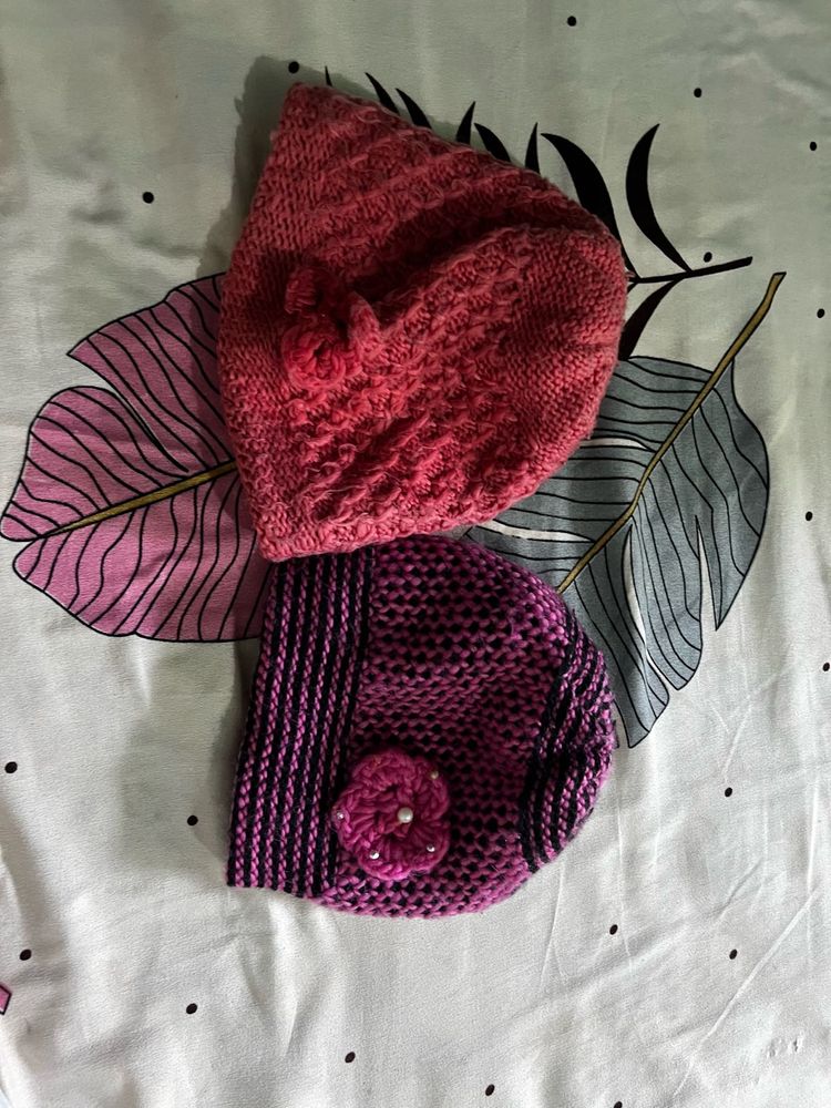 Knit  Hats with Flower Detail (Set of 2)