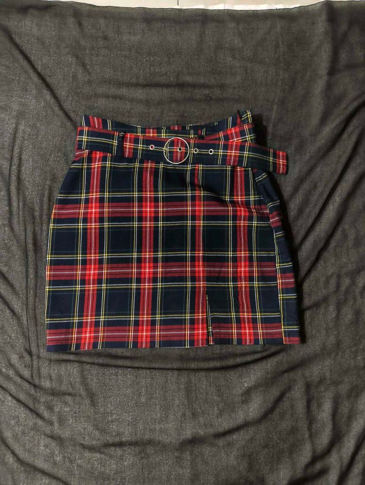 Tartan Plaid Mini Skirt with Belt