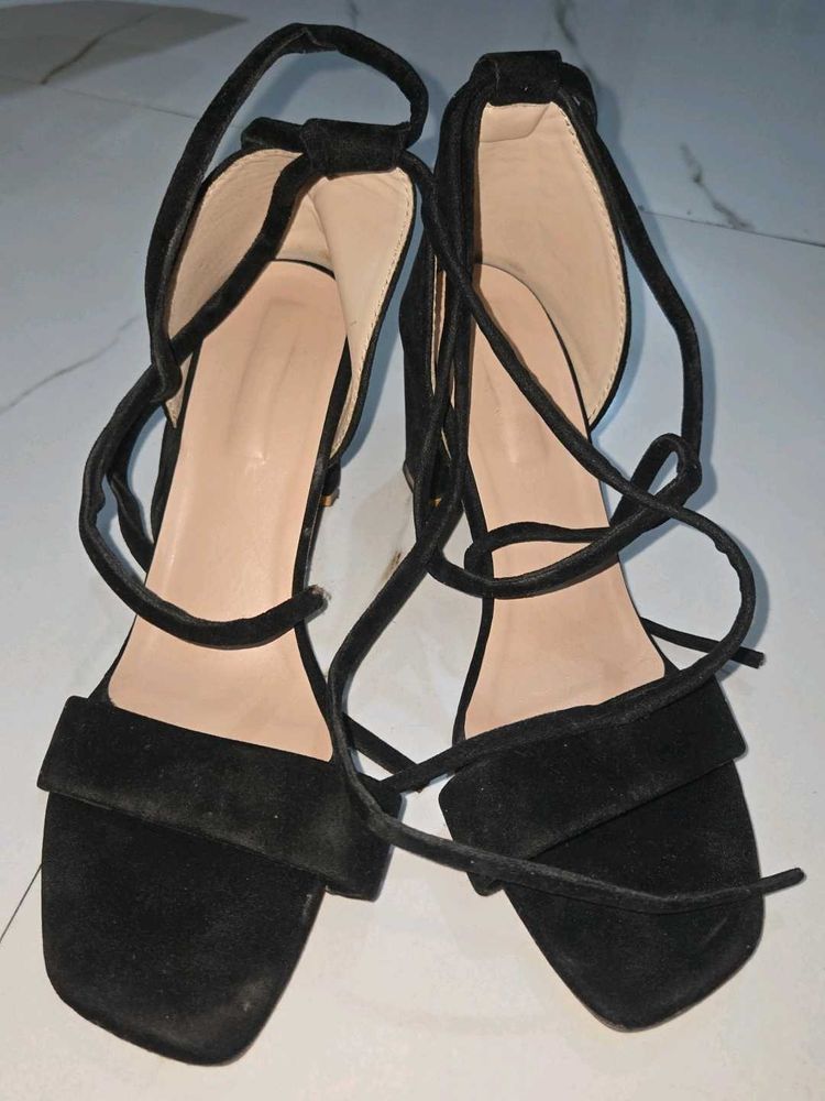Black Lace-Up Block Heels