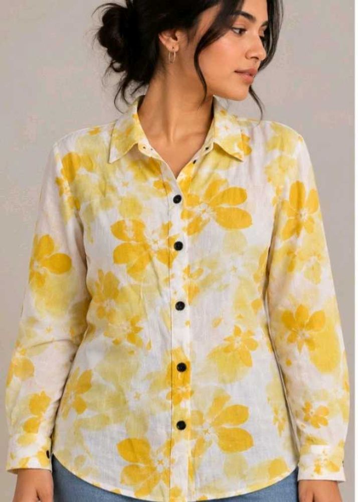 Yellow Floral Print Button-Up Shirt