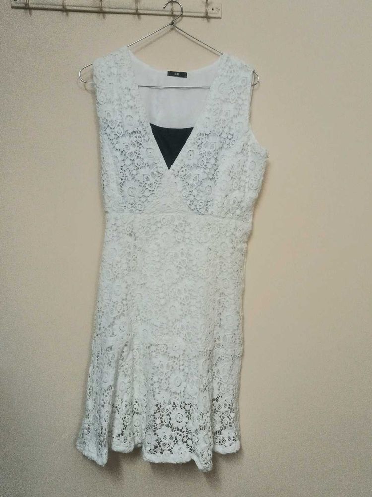 White Lace V-Neck Dress