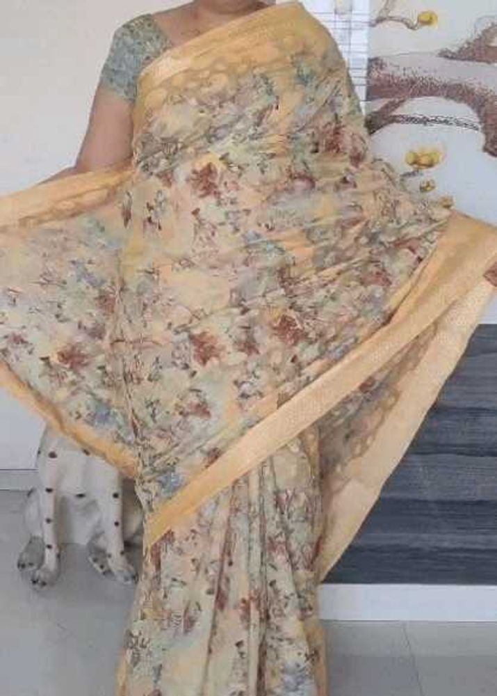 Floral Print yellow cotton brasso Saree