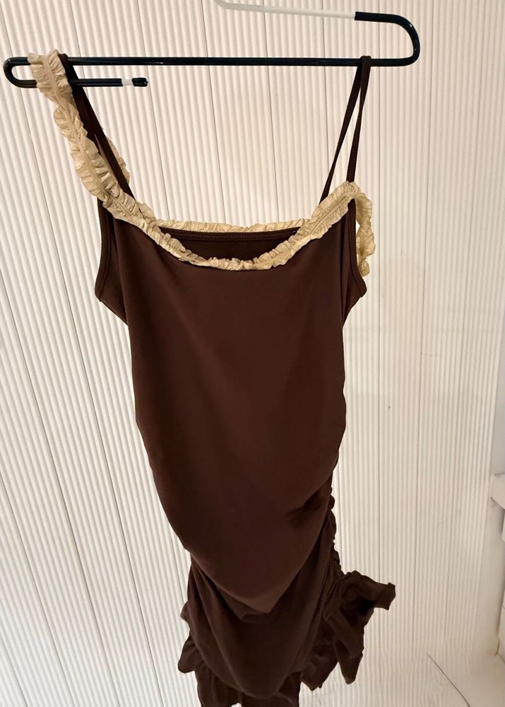 Brown Ruched Dress with Ruffle Trim