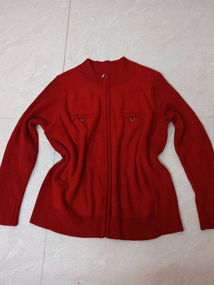 Red Zip-Up Knit Jacket