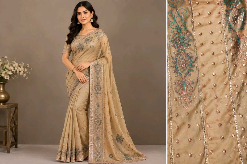 Elegant Beige Embellished Saree