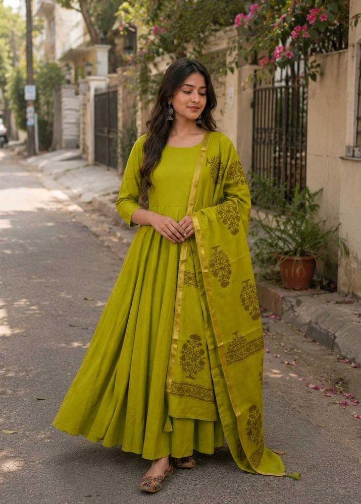 Beautiful Lime Green Anarkali Suit with Dupatta