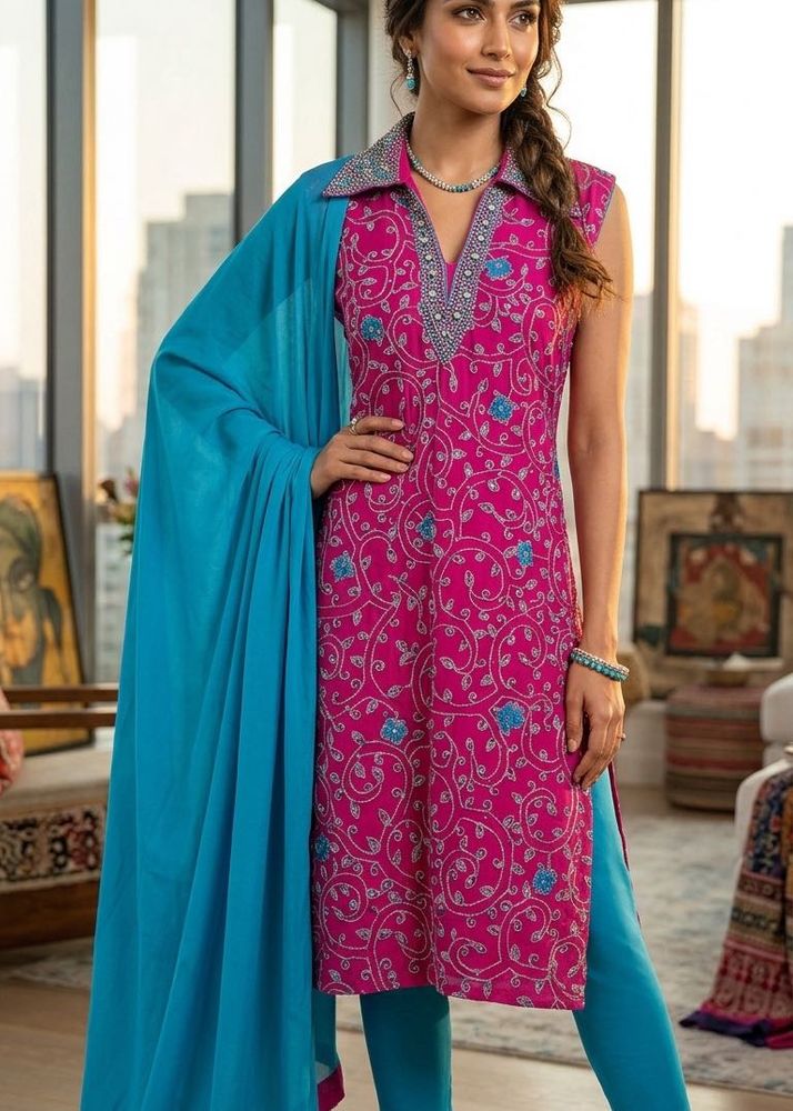 Vibrant Pink Kurta Set with Blue Dupatta