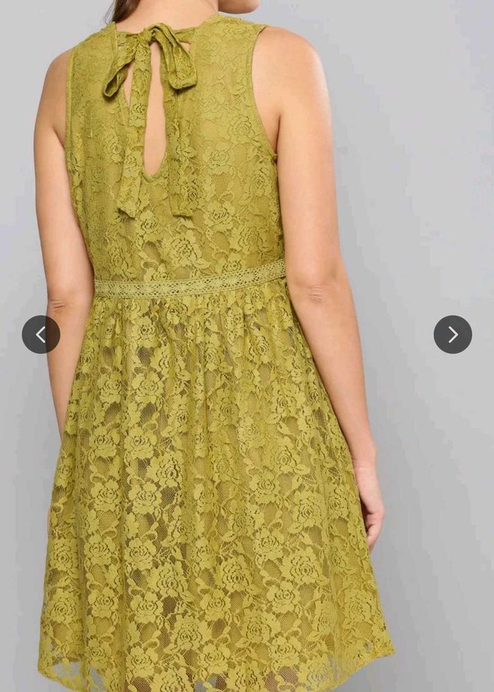 Olive Lace A-Line Dress with Bow Detail
