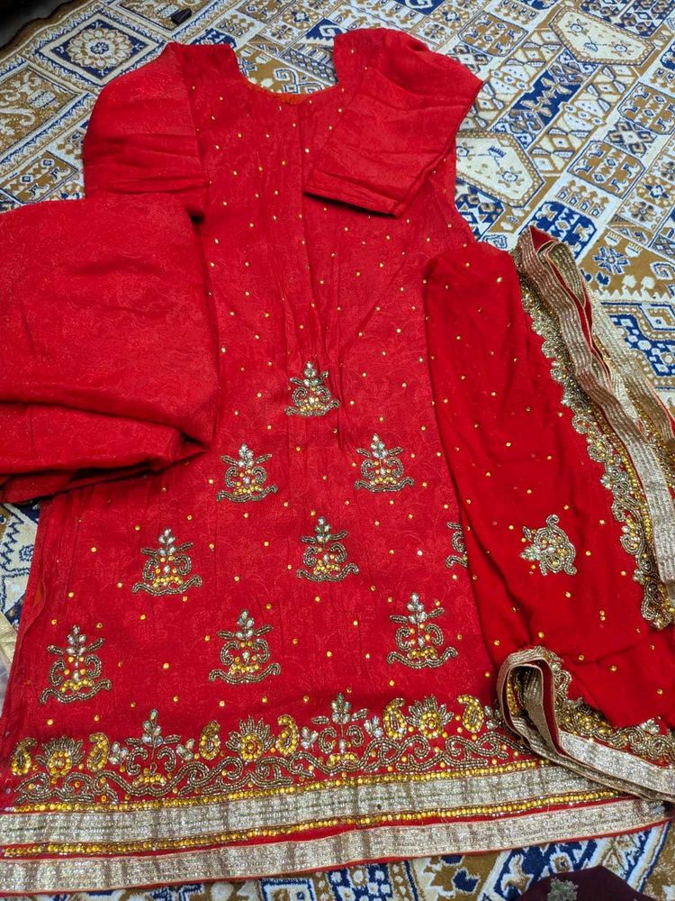 Embellished Red Kurta Set with Dupatta