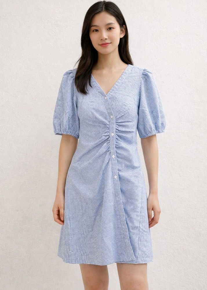 Blue Gingham Puff Sleeve Dress