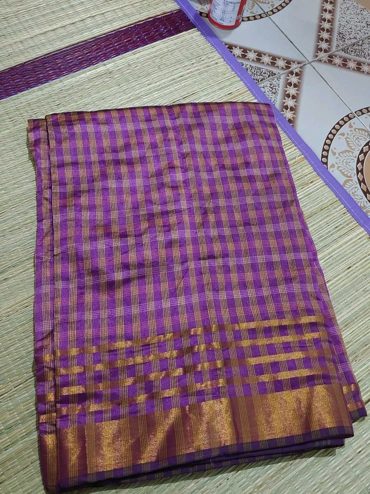 Purple &amp; Gold Checked Saree