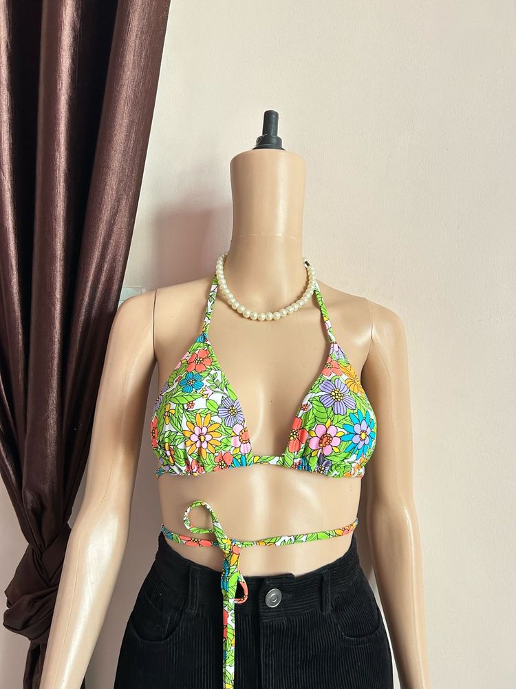 Retro Floral Print Triangle Bikini Top (30-32 bust