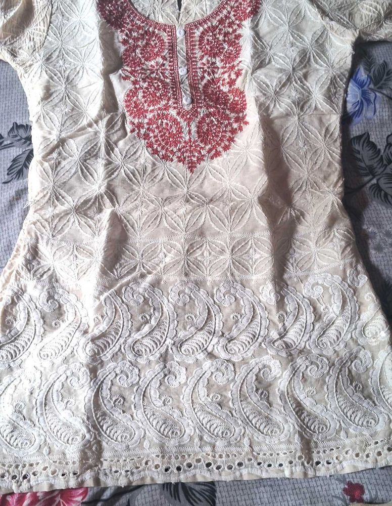 Embroidered white chikankari short kurti