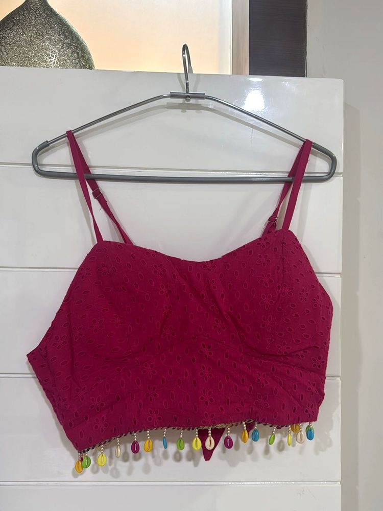 Eyelet Padded Blouse with Colorful Tassels