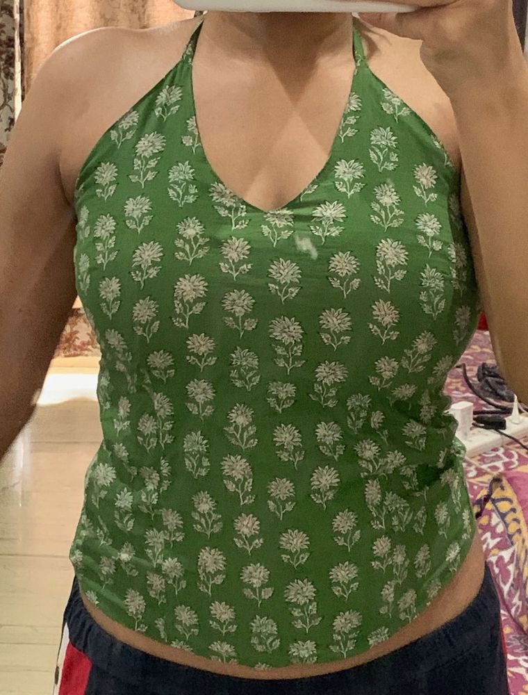 Green Floral Print Halter Top