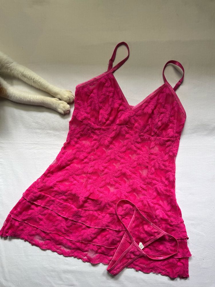 Vibrant Pink Lace Nightie &amp; Thong Set