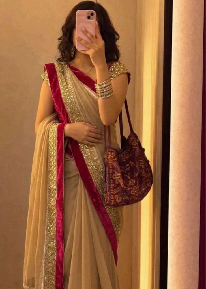Beige hot red Saree with padded blouse