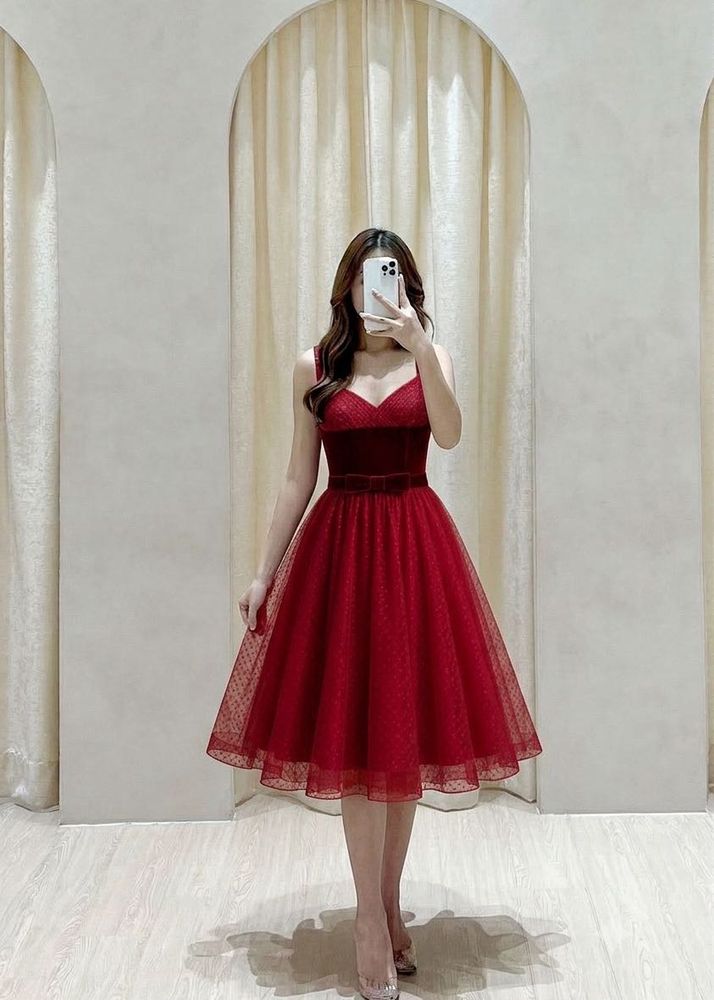 Elegant Red Velvet &amp; Tulle Dress