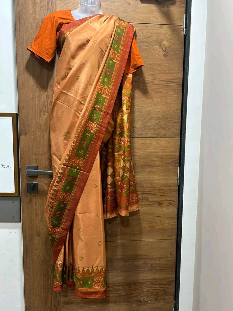Peach Silk Saree with Ruby &amp; Emerald Border🌹🫰🏻