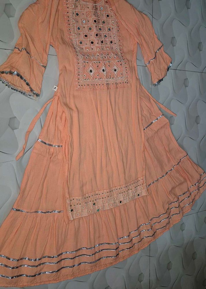 Peach Embroidered Kurta Smark Set For Girls