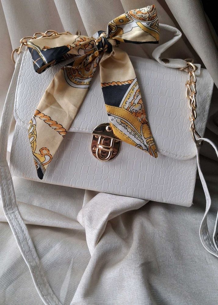 Chic White Shoulder Bag with Scarf Detail