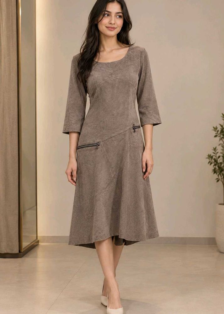 Taupe Suede-like Midi Dress with Zippers polyester