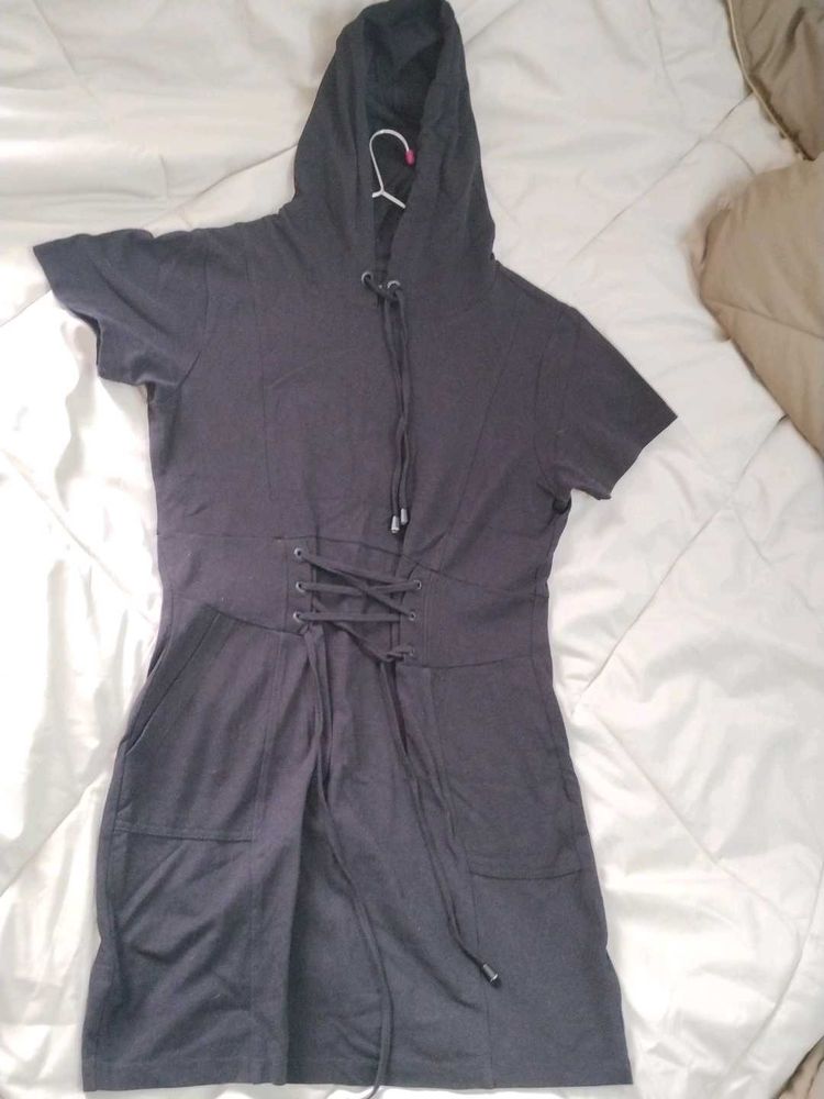 Black Hoodie Dress with Corset Detail