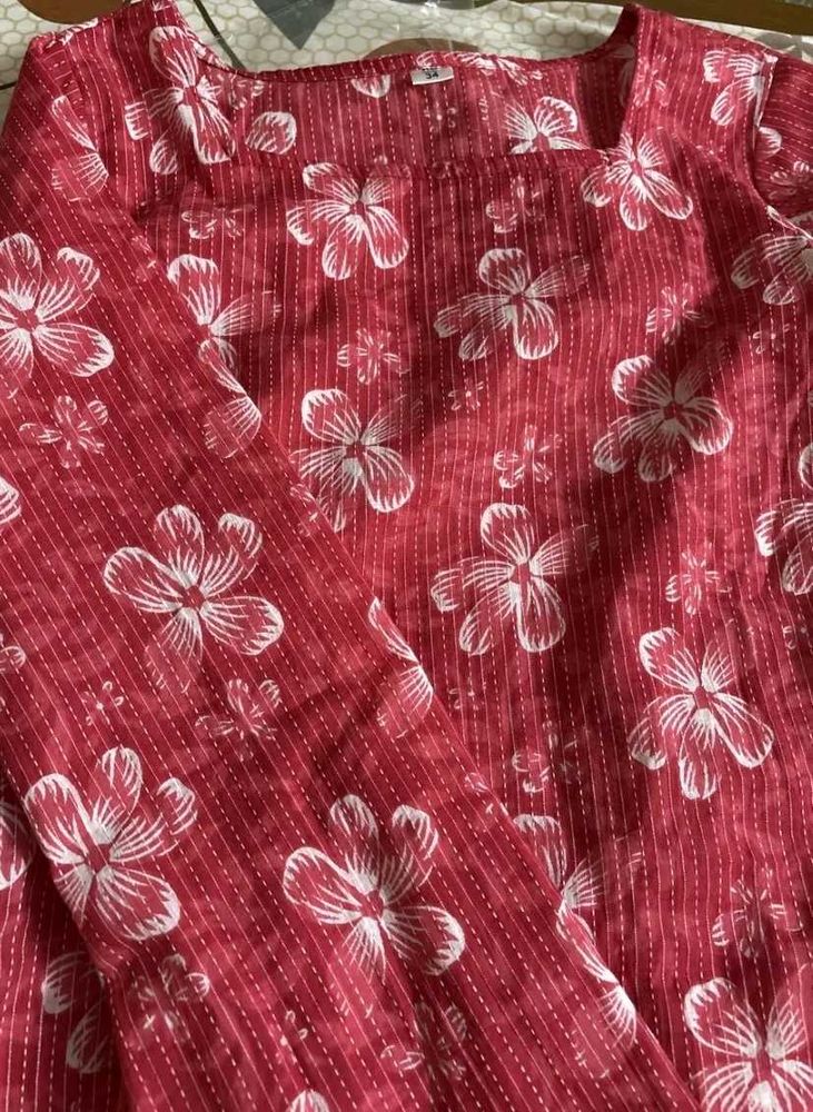 Red Floral Print Kurta