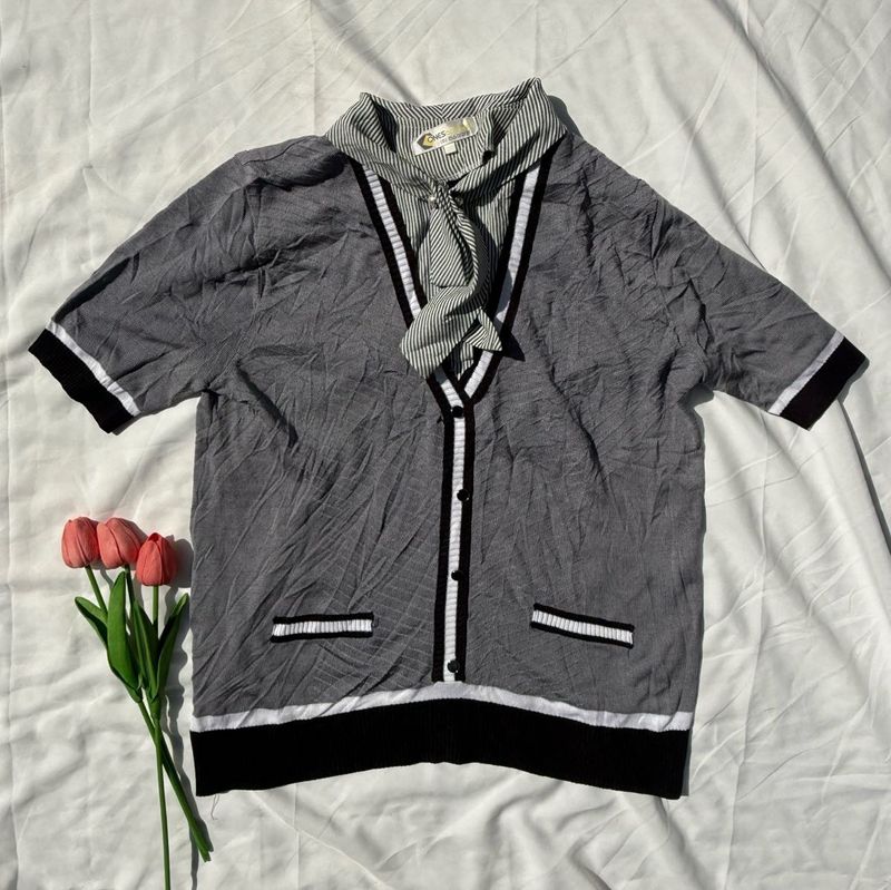 Chic Grey Button-Up Cardigan Top