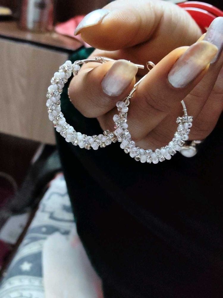 Elegant White Beaded Hoop Earrings